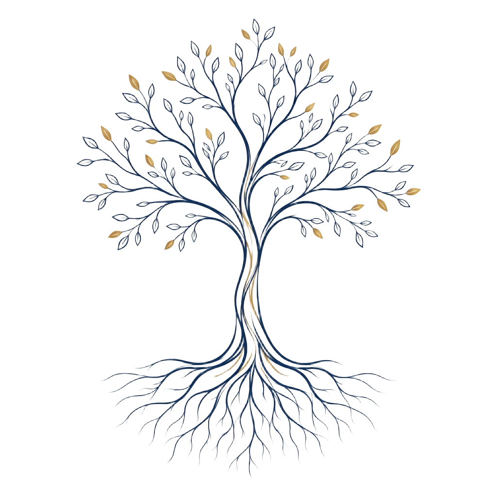 Stilisierter Baum mit tiefen Wurzeln und ausladenden Zweigen – Symbol für Wachstum und Verbundenheit