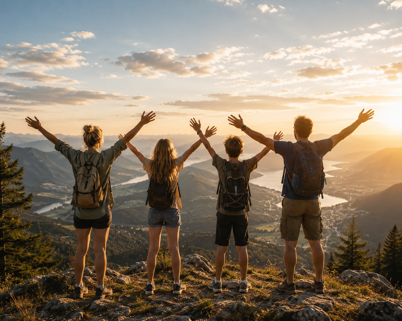 Familie mit erhobenen Armen auf einem Berggipfel bei Sonnenuntergang