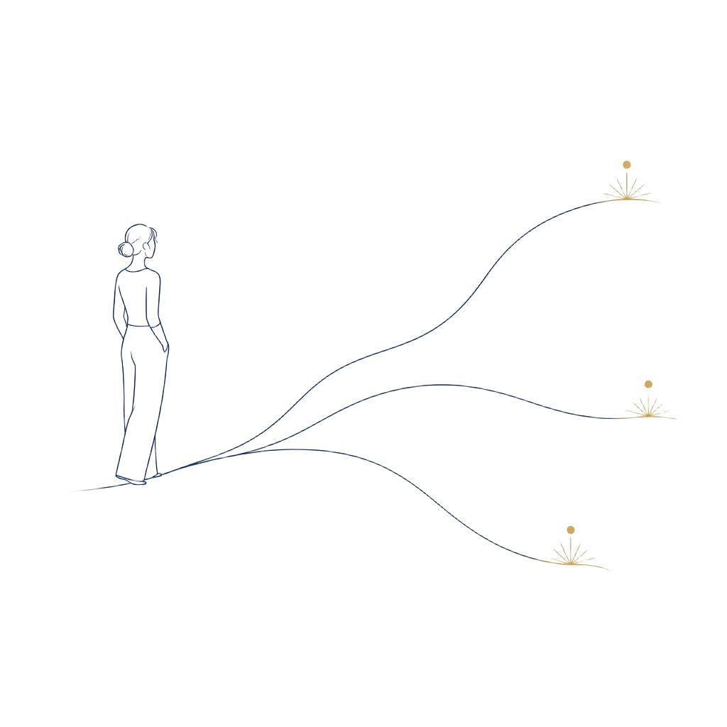 Illustration einer Frau, die drei sich verzweigende Wege betrachtet