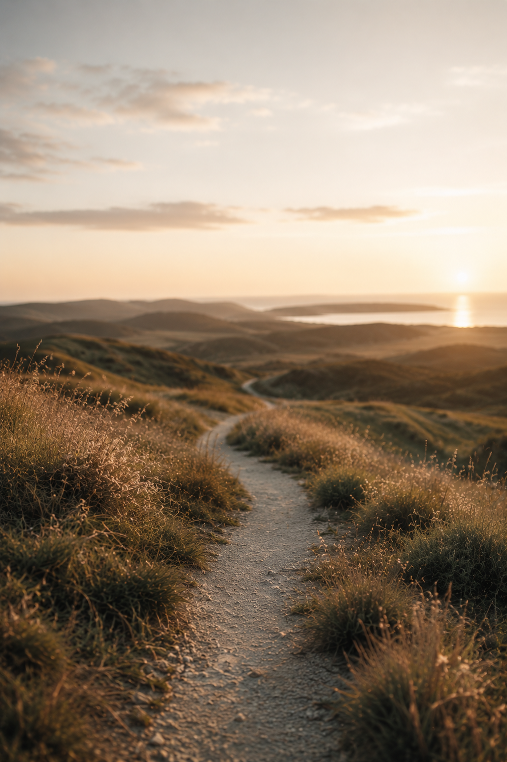 Geschwungener Pfad durch Dünenlandschaft bei Sonnenuntergang am Meer
