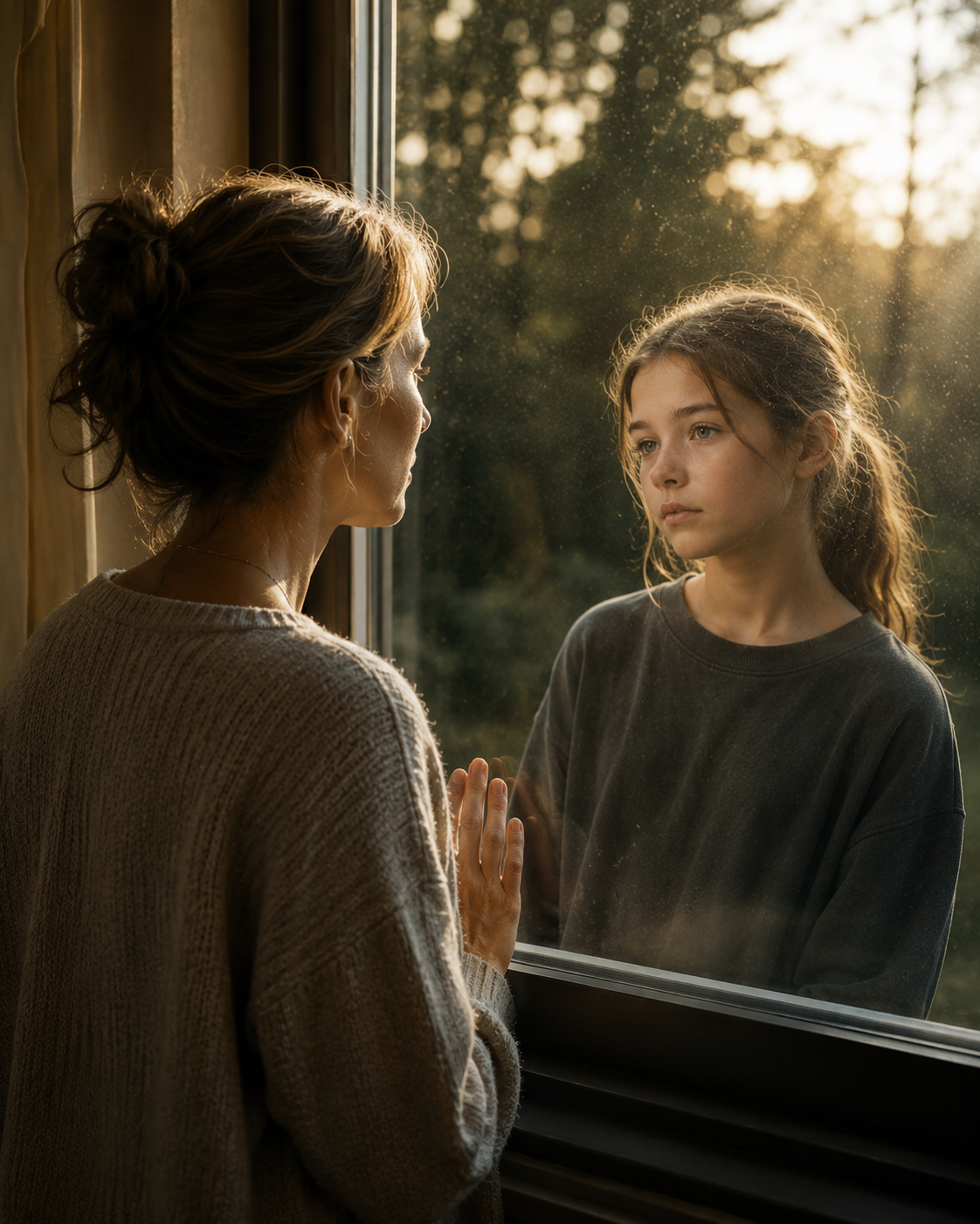 Mutter blickt aus dem Fenster, im Spiegelbild der Scheibe erscheint ihre Tochter