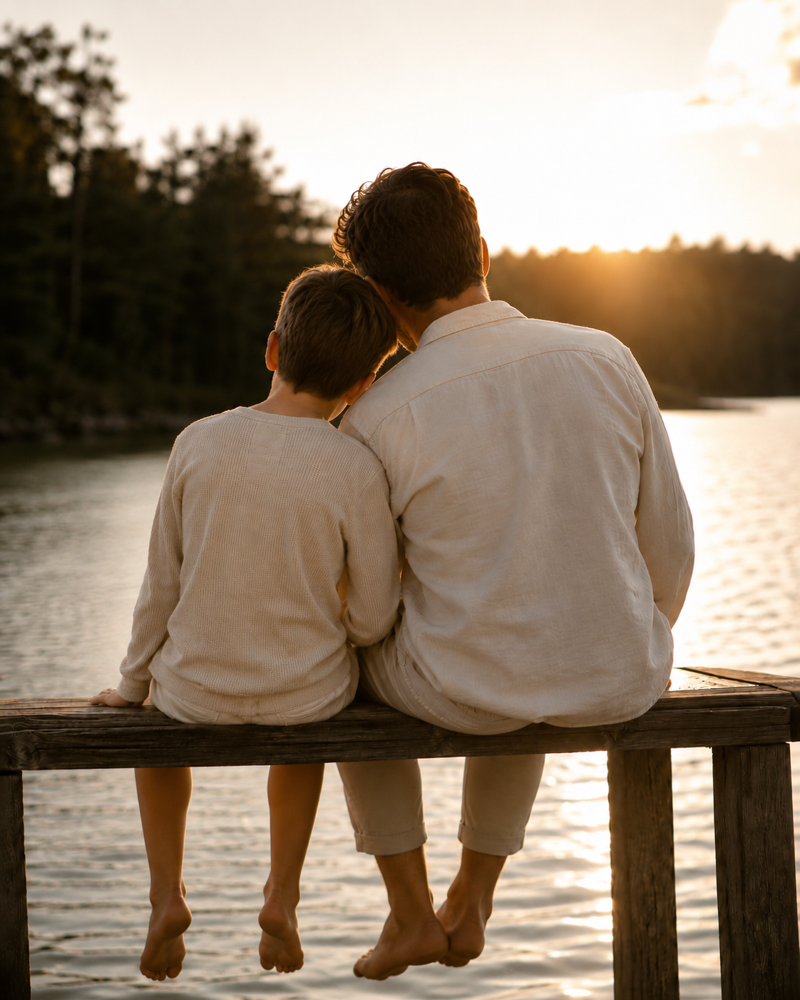 Elternteil und Kind sitzen gemeinsam am See und blicken in den Sonnenuntergang